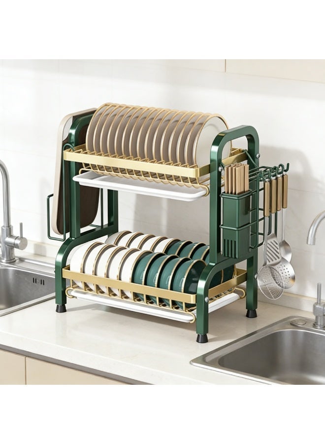 Dish Drying Rack, 2-Tier Kitchen Dish Rack Drainboard Set, Rust-Proof Dish Drainer with Removable Utensil Holder, Knife & Cutting Board Holder, Space-Saving Dish Strainers for Counter - Image 1